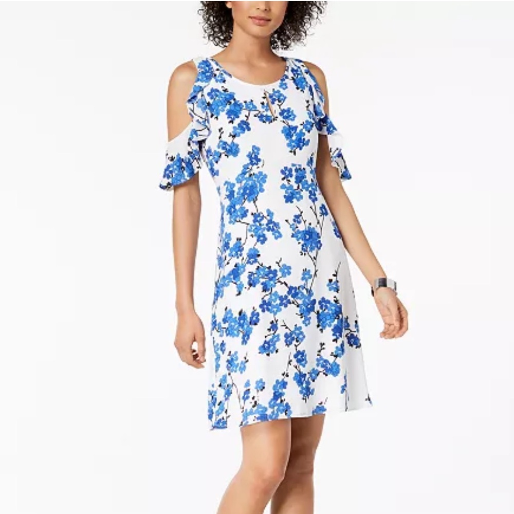 Nine West Cold Shoulder Blue and White Floral Dress